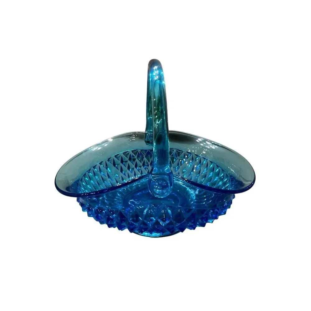 Vintage Indiana Glass Tiara Diamond Point Pattern Flower Basket Blue Large